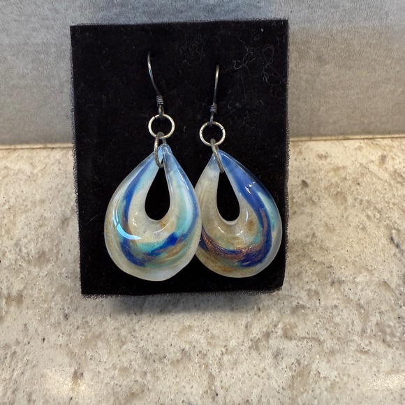Tear drop glass earrings blue/wite/gold - Picture 1 of 5